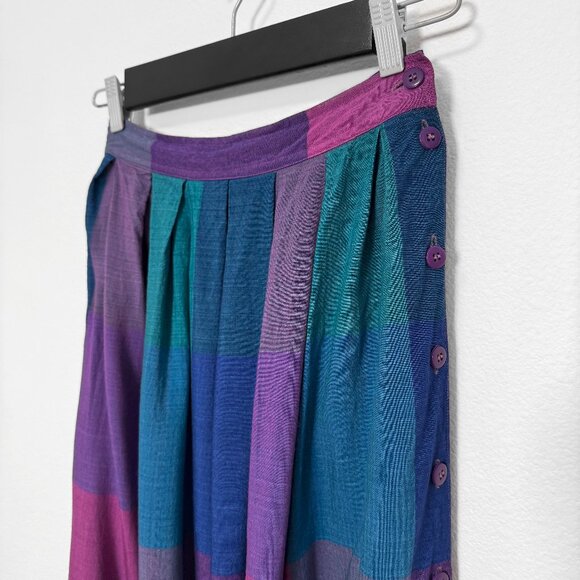 Vintage 70s 80s Purple Blue Green Plaid Rayon Midi Skirt Size 9 | 25-26" Waist - Picture 4 of 12